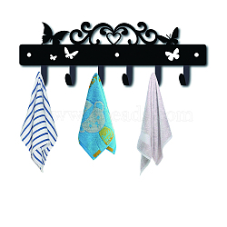 Iron Wall Mounted Hook Hangers, Decorative Organizer Rack with 6 Hooks, for Bag Clothes Key Scarf Hanging Holder, Butterfly, Gunmetal, 12x35cm(AJEW-WH0156-002)