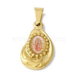 Vacuum Plating 304 Stainless Steel Pendants, with Enamel, Religion, Golden, Teardrop with Human, Colorful, 22x13x2.5mm, Hole: 6.5x3mm(STAS-A062-23D-G)