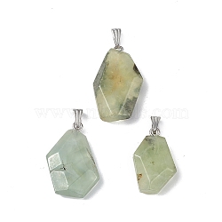 Natural Prehnite Pendants, Faceted Polygon Charms, with Stainless Steel Color Plated 201 Stainless Steel Snap on Bails, 21~29x16~23x6~8mm, Hole: 2x7mm(G-F739-03P-03)