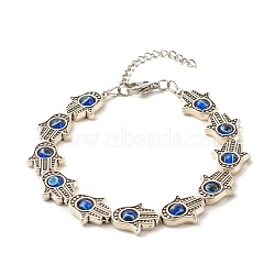 Hamsa Hand Tibetan Style Alloy Bracelets for Women, Evil Eye Resin Beaded Bracelets, with 304 Stainless Steel Lobster Claw Clasps, Antique Silver & Stainless Steel Color, 7-3/4 inch(19.7cm)(BJEW-JB07728)