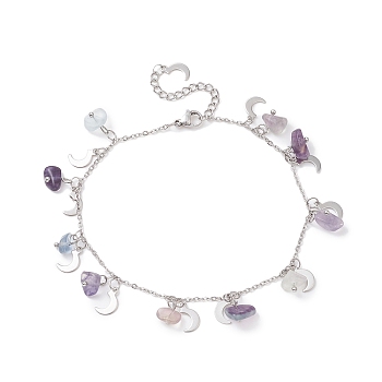 Natural Fluorite Chips & Moon Charms Anklet, 304 Stainless Steel Jewelry for Women, 9~9-1/8 inch(22.8~23cm)