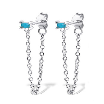 Rhodium Plated Platinum 925 Sterling Silver Chains Front Back Stud Earrings, with Rectangle Cubic Zirconia, Sky Blue, 48x4mm
