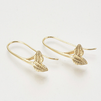 Brass Earring Hooks, Leaf, Nickel Free, Real 18K Gold Plated, 30x12mm, Pin: 1mm