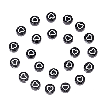 Craft Style Acrylic Beads, Flat Round with Heart, Black, 7x3.5mm, Hole: 1.5mm, about 400pcs/50g