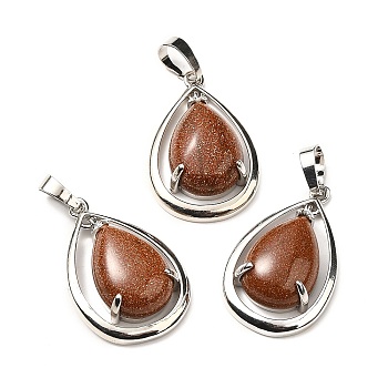 Synthetic Goldstone Pendants, Teardorp Charms, with Rack Plating Platinum Tone Brass Findings, Cadmium Free & Lead Free, 30.5x20x8mm, Hole: 8x5mm