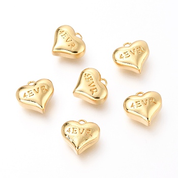 Brass Pendants, Heart with Word 4 EVR, Real 18K Gold Plated, 9.7x10x4.6mm, Hole: 1.2mm