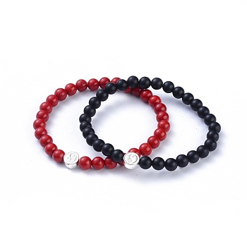 Feng Shui Natural Black Agate & Synthetic Grass Coral Beaded Stretch Bracelets, with 925 Sterling Silver Beads and Jewelry Box, Flat Round with Yin Yang, 2-1/8 inch(55mm), 2pcs/set
