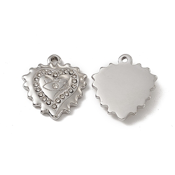 201 Stainless Steel Pendants, Crystal Rhinestone Heart Charms, Stainless Steel Color, 19.5x18x3mm, Hole: 1.6mm