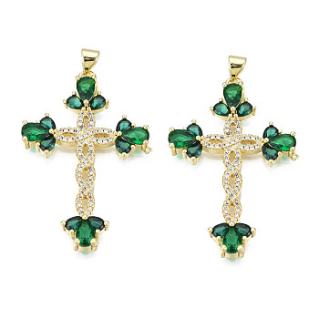 Brass Micro Pave Cubic Zirconia Pendants, with Brass Snap on Bails, Real 18K Gold Plated, Nickel Free, Cross, Green, 42x27.5x5mm, Hole: 3x5mm