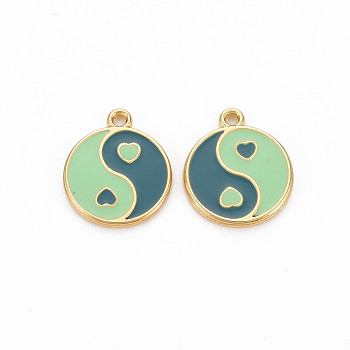 Rack Plating Alloy Enamel Charms, Cadmium Free & Lead Free, Light Gold, Flat Round with Yin Yang, Teal, 13.5x11.5x1mm, Hole: 1.2mm