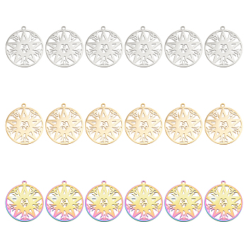 DICOSMETIC 18Pcs 3 Colors 304 Stainless Steel Pendant,  Hollow Charms, Flat Round with Star, Mixed Color, 27x25x1.5mm, Hole: 1.5mm, 6pcs/color
