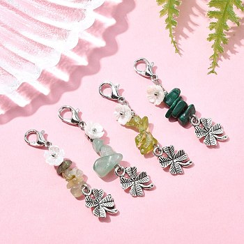 Natural Malachite & Prehnite & Peridot & Green Aventurine Chip Pendant Decorations, Alloy Clover and Lobster Claw Clasps Charms for Bag Ornaments, Antique Silver, 48mm, 4pcs/set