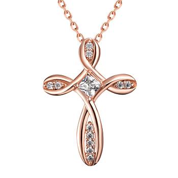 Real Rose Gold Plated Brass Cubic Zirconia Cross Pendant Necklaces, 18 inch