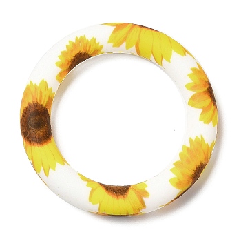 Food Grade Eco-Friendly Silicone Pendants, Ring with Sunflower Pattern, White, 65x10mm, Hole: 4mm