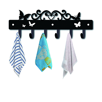Iron Wall Mounted Hook Hangers, Decorative Organizer Rack with 6 Hooks, for Bag Clothes Key Scarf Hanging Holder, Butterfly, Gunmetal, 12x35cm