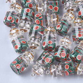 Glass Bottle Pendants, with Resin & Polymer Clay & Iron Findings, Watermelon, Platinum, Light Sea Green, 28~29x15mm, Hole: 2mm