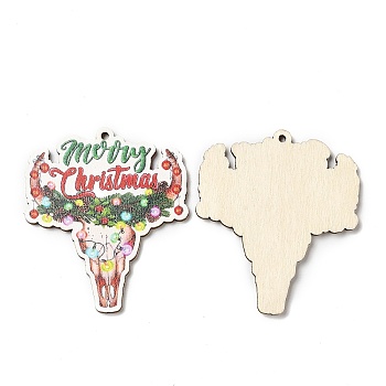Single Face Christmas Printed Wood Big Pendants, Cattle Head Charms with Merry Christmas, Colorful, 55x47.5x2.5mm, Hole: 2mm