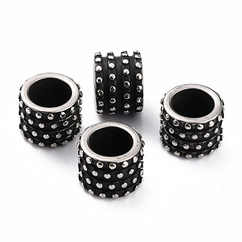 304 Stainless Steel European Beads, Large Hole Beads, Column with Polka Dot, Antique Silver, 12.7x9.6mm, Hole: 8.3mm