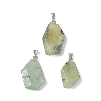 Natural Prehnite Pendants, Faceted Polygon Charms, with Stainless Steel Color Plated 201 Stainless Steel Snap on Bails, 21~29x16~23x6~8mm, Hole: 2x7mm