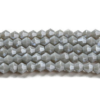 Opaque Solid Color Electroplate Glass Beads Strands, Pearl Luster Plated, Faceted, Bicone, Gray, 4x4mm, Hole: 0.8mm, about 82~85pcs/strand, 30.5~31cm