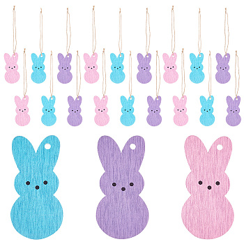 Olycraft 3 Bags 3 Colors Easter Theme Wooden Pendant Decorations, Hemp Rope Hanging Ornaments, Rabbit, Mixed Color, 88x40x3mm, Hole: 4.5mm, 1 bag/color