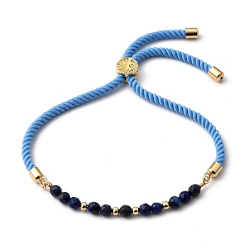 Adjustable Slider Bracelets, Nylon Cord Bracelets, with Natural Lapis Lazuli(Dyed) Beads and Brass Beads, Golden, Inner Diameter: 3/4 inch~3-3/4 inch(2~9.5cm)