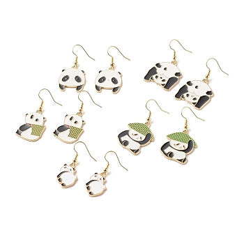 Panda Alloy Enamel Dangle Earrings, Brass Jewelry for Women, Light Gold, Mixed Color, 37.5~44mm, Pin: 0.8mm