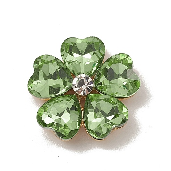 Alloy Cabochons, with Glass Rhinestone, Ligh Gold, Flower, Green, 19x19x5.5mm