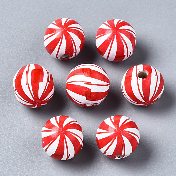 Painted Natural Wood European Beads, Large Hole Beads, Printed, Round with Stripe, Red, 16x15mm, Hole: 4mm