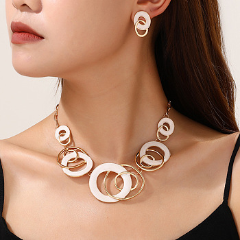 Alloy Enamel Pendant Necklaces & Stud Dangle Earrings Sets, Ring, White, Necklace: 14.96 inch(38cm)