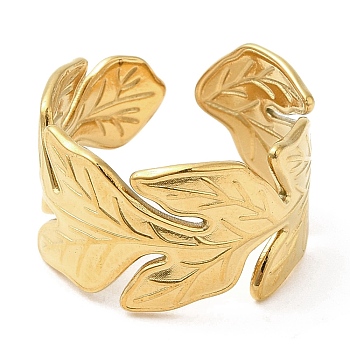 304 Stainless Steel Open Cuff Rings, Leaf, Golden, US Size 6 3/4(17.1mm)