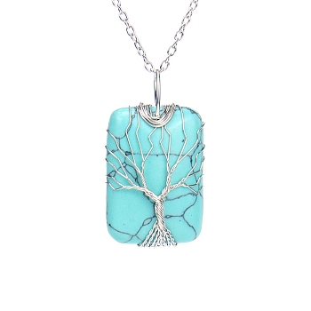 Synthetic Turquoise Pendant Necklace with Brass Cable Chains, Rectangle with Tree, 20.47 inch(52cm)