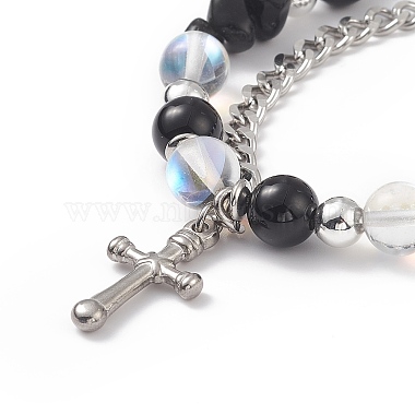 Natural & Synthetic Mixed Stone Beaded Bracelet with Cross Charm(BJEW-TA00184-01)-2