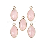 Natural Rose Quartz Faceted Pendants, Brass Horse Eye Charms, Golden, 22.5x10.5x5~5.5mm, Hole: 2mm(G-G193-01G-08)