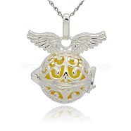 Silver Color Plated Brass Cage Pendants, Hollow Round with Wing, with No Hole Spray Painted Brass Round Ball Beads, Gold, 31x30x21mm, Hole: 3x8mm(KK-J217-11S)
