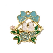 Aloy Enamel Pendant, Golden, Wreath with Cat Charm, Sky Blue, 29.5x27x1mm, Hole: 2mm(FIND-Z043-07D)