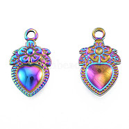 Ion Plating(IP) 201 Stainless Steel Pendants, Heart with Flower, Rainbow Color, 21x13x2.5mm, Hole: 2mm(STAS-N098-232M)