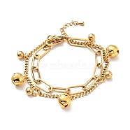 Bell and Round Ball Charm Multi-strand Bracelet, PVD Vacuum Plating 304 Stainless Steel Double Layered Chains Bracelet for Women, Golden, 7-1/2 inch(19cm)(BJEW-G639-26G)