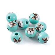 Wood European Beads, Round with Dog Pattern, Turquoise, 16x15mm, Hole: 4.5mm(WOOD-G021-01D)