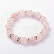 Valentine's Day Charming Natural Gemstone Beaded Stretch Bracelets, with Alloy Snowflake Beads, Rose Quartz, 56mm(BJEW-JB01839-02)