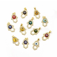 Rack Plating Brass Micro Pave Clear Cubic Zirconia Pendants, with Handmade Evil Eye Lampwork, Cadmium Free & Lead Free, Long-Lasting Real 18K Gold Plated, Hamsa Hand Charm, Mixed Color, 25.5x17x4mm, Hole: 5.5x3.5mm(LAMP-A153-06G-M)