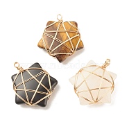 Natural Mixed Stone Pendants, with Light Gold Tone Copper Wire Wrapped, Star, 33.5~36x30~31x9~10.5mm, Hole: 3~3.5mm(PALLOY-JF01625)