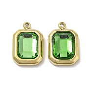 Real 14K Gold Plated 304 Stainless Steel Pendants, with Glass, Rectangle Charms, Green, 13.5x9x4mm, Hole: 1.4mm(STAS-L022-062G-02)