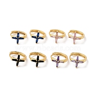 Cross Cubic Zirconia Cuff Earrings, Real 18K Gold Plated Brass Jewelry for Women, Cadmium Free & Lead Free, Mixed Color, 17x15x12mm, Pin: 1mm(EJEW-G348-16G)