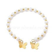 Glass Round Beaded Cuff Bangles, with Golden Brass Butterfly Charms, WhiteSmoke, Inner Diameter: 2-1/8 inch(5.5cm)(BJEW-JB09964-01)