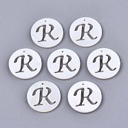 Natural Freshwater Shell Charms, Flat Round with Hollow Out Letter, Letter.R, 14.5x1.5mm, Hole: 0.9mm(SHEL-S276-119R)