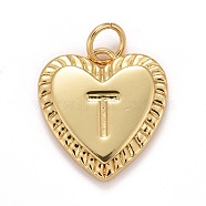 Rack Plating Real 18K Gold Plated Brass Pendants, with Jump Rings, Long-Lasting Plated, Lead Free & Cadmium Free & Nickel Free, Heart with Letter A~Z, Letter.T, 16x15x2.5mm, Jump Ring: 5x0.5mm, 3mm Inner Diameter(KK-E260-01G-T)
