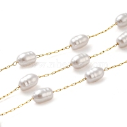 Oval Plastic Pearl Beaded Link Chains, with Ion Plating(IP) 304 Stainless Steel Paperclip Chains, Soldered, with Spool, Golden, 10x6mm, 2.5x0.8x0.2mm(CHS-G032-01G)