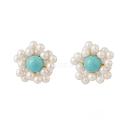 Synthetic Green Turquoise & Shell Pearl Braided Flower Stud Earrings, Golden Brass Jewelry for Women, 21.5mm, Pin: 0.6mm(EJEW-TA00161)