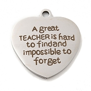 Non-Tarnish Teachers' Day 201 Stainless Steel Pendants, Message Charms, Heart with Word Charms, Stainless Steel Color, 30.5x29x2mm, Hole: 3mm(STAS-L079-23P-04)